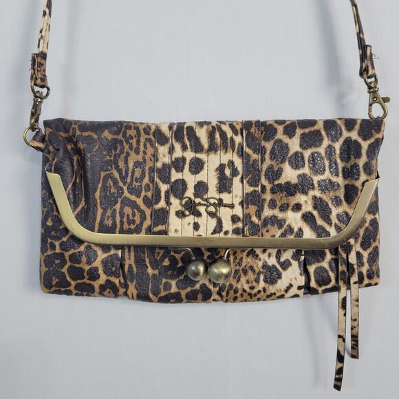 Jessica Simpson leopard print kiss lock fold over crossbody clutch brown Y2K - Picture 3 of 10